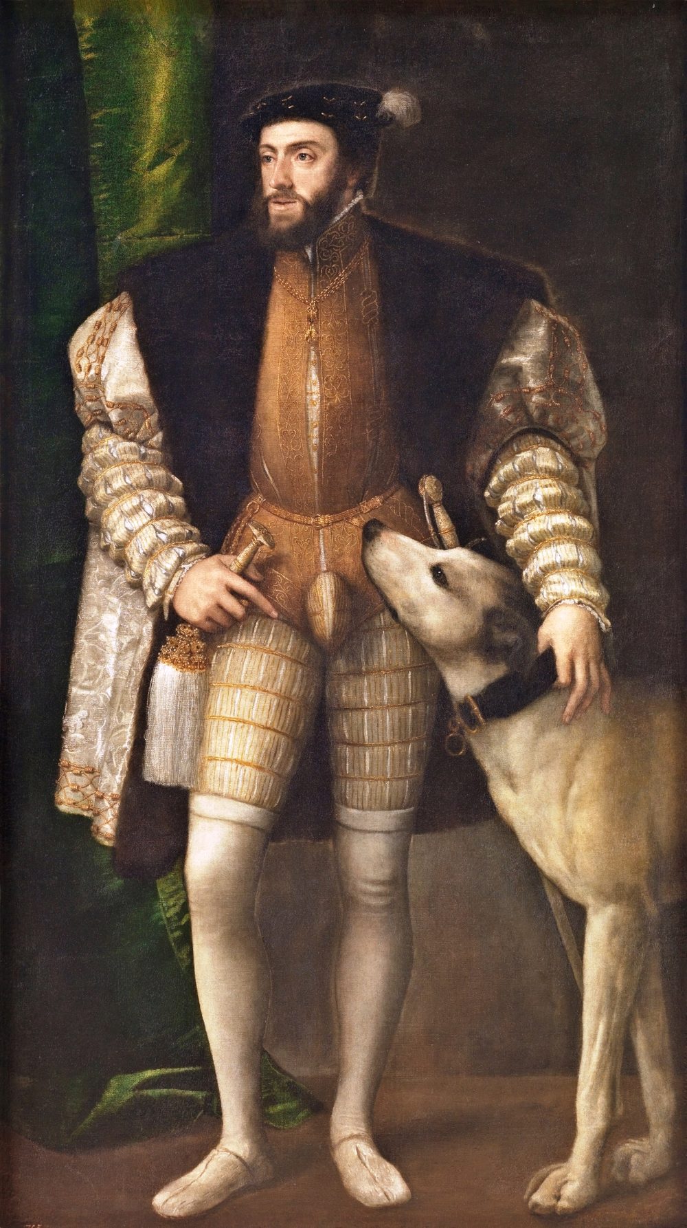 Portrait of Emperor Charles V with his dog by Titian, 1533, showing the forward lower jaw known as the Habsburg jaw