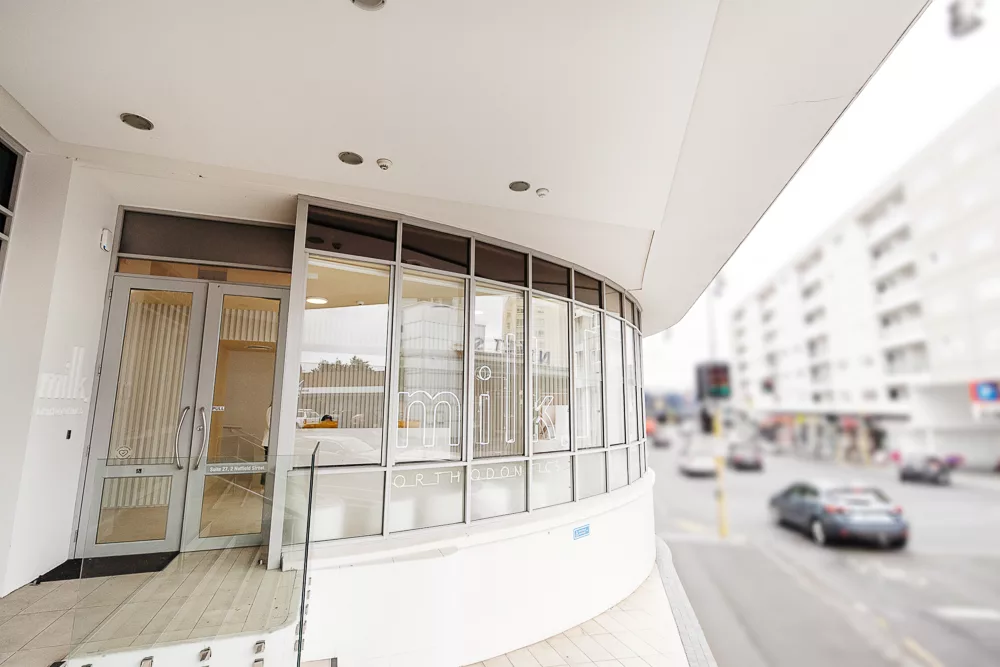 Street entrance of Milk Orthodontics on the corner of Nuffield Street, Newmarket, Auckland